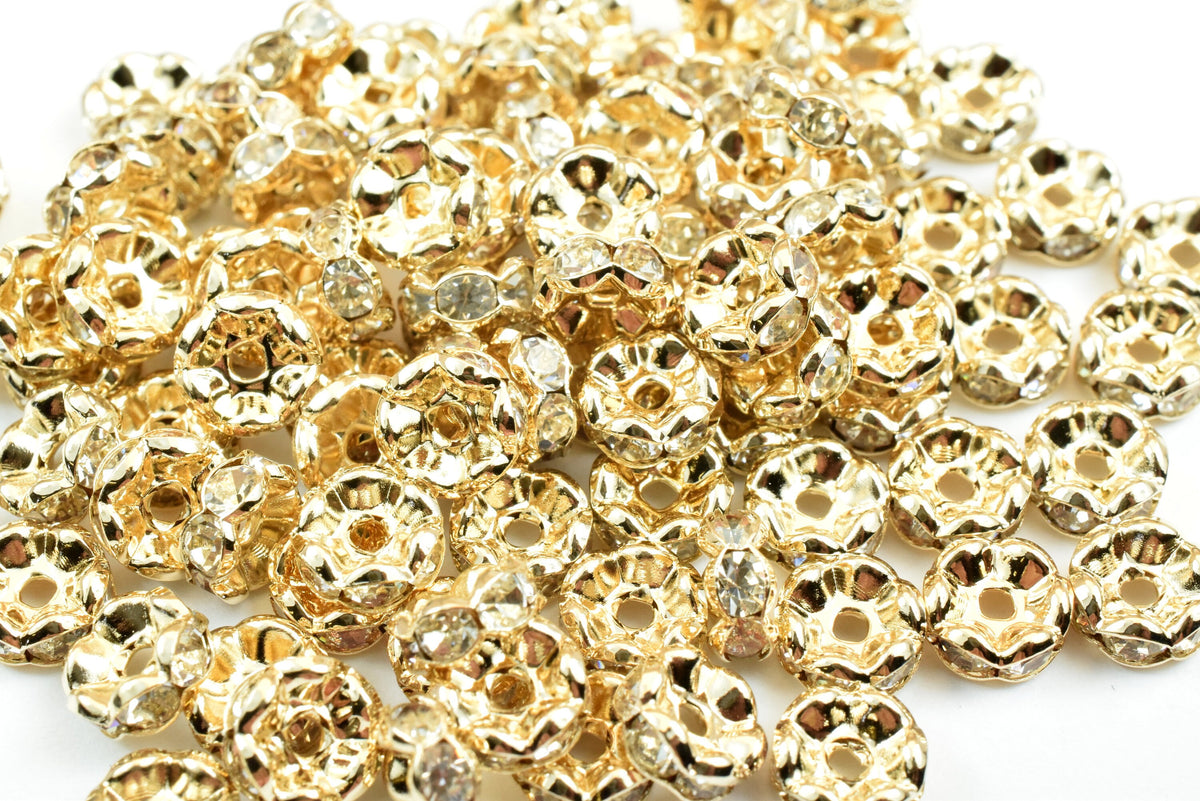 25 PCs 14K Gold Filled Roundel Spacer Beads, Clear Rhinestone, Size 7mm Flower Spacer Findings Jewelry USA Seller Etsy