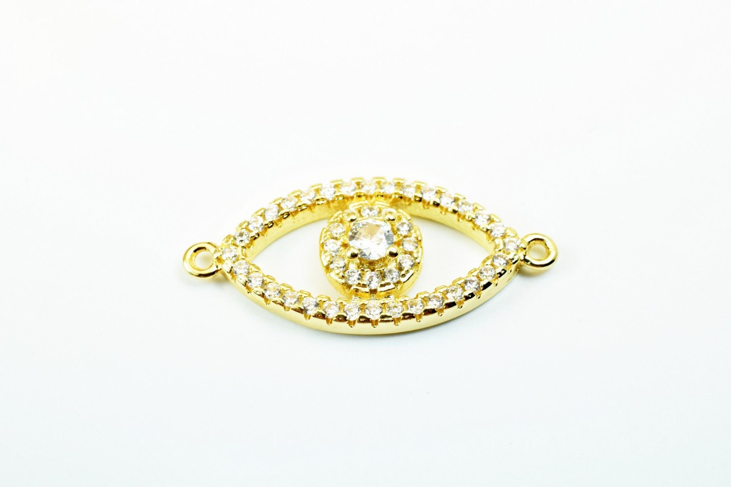 Evil Eye Rhinestone Connector 14K as Gold Filled tarnish resistant Size 25x10mm Micro Pave Beads Charm with Clear CZ Cubic Zirconia GFM34