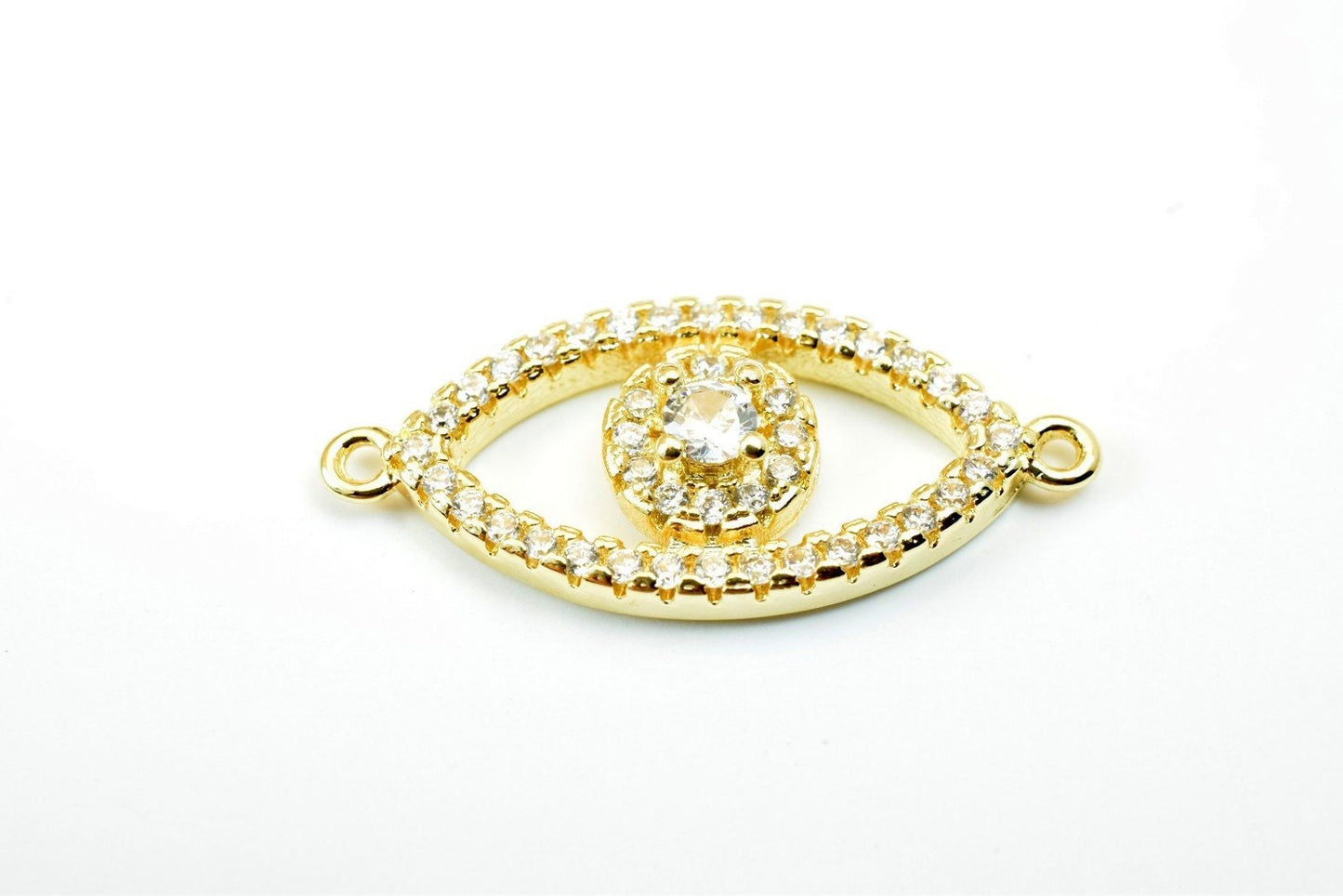 Evil Eye Rhinestone Connector 14K as Gold Filled tarnish resistant Size 25x10mm Micro Pave Beads Charm with Clear CZ Cubic Zirconia GFM34