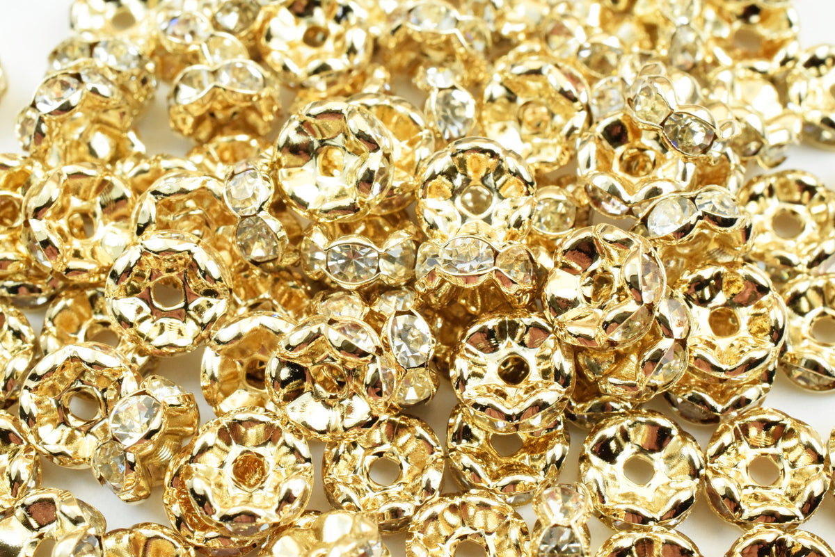 25 PCs 14K Gold Filled Roundel Spacer Beads, Clear Rhinestone, Size 7mm Flower Spacer Findings Jewelry USA Seller Etsy