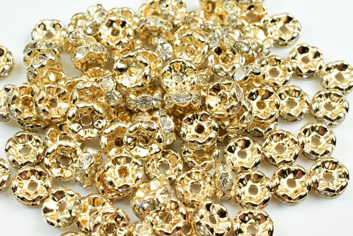 25 PCs 14K Gold Filled Roundel Spacer Beads, Clear Rhinestone, Size 7mm Flower Spacer Findings Jewelry USA Seller Etsy