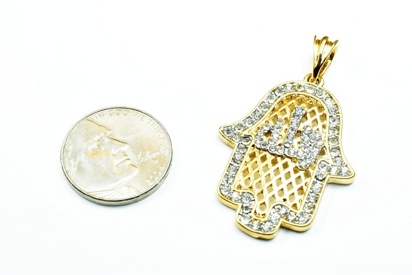 18K Hamsa Allah اللهas Gold Filled* Pendant Size 38x27mm Pendant With Rhinestone CZ Cubic Zirconia Pendant For Jewelry Pendant Item# GP143