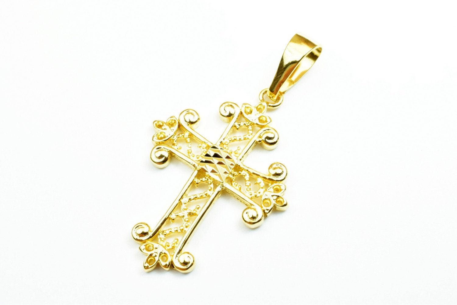 18K as Gold Filled* Filigree Cross Pendants Size 40x28mm, Christian Religious Cross Charm, First Communion Baby Baptism For Jewelry Making