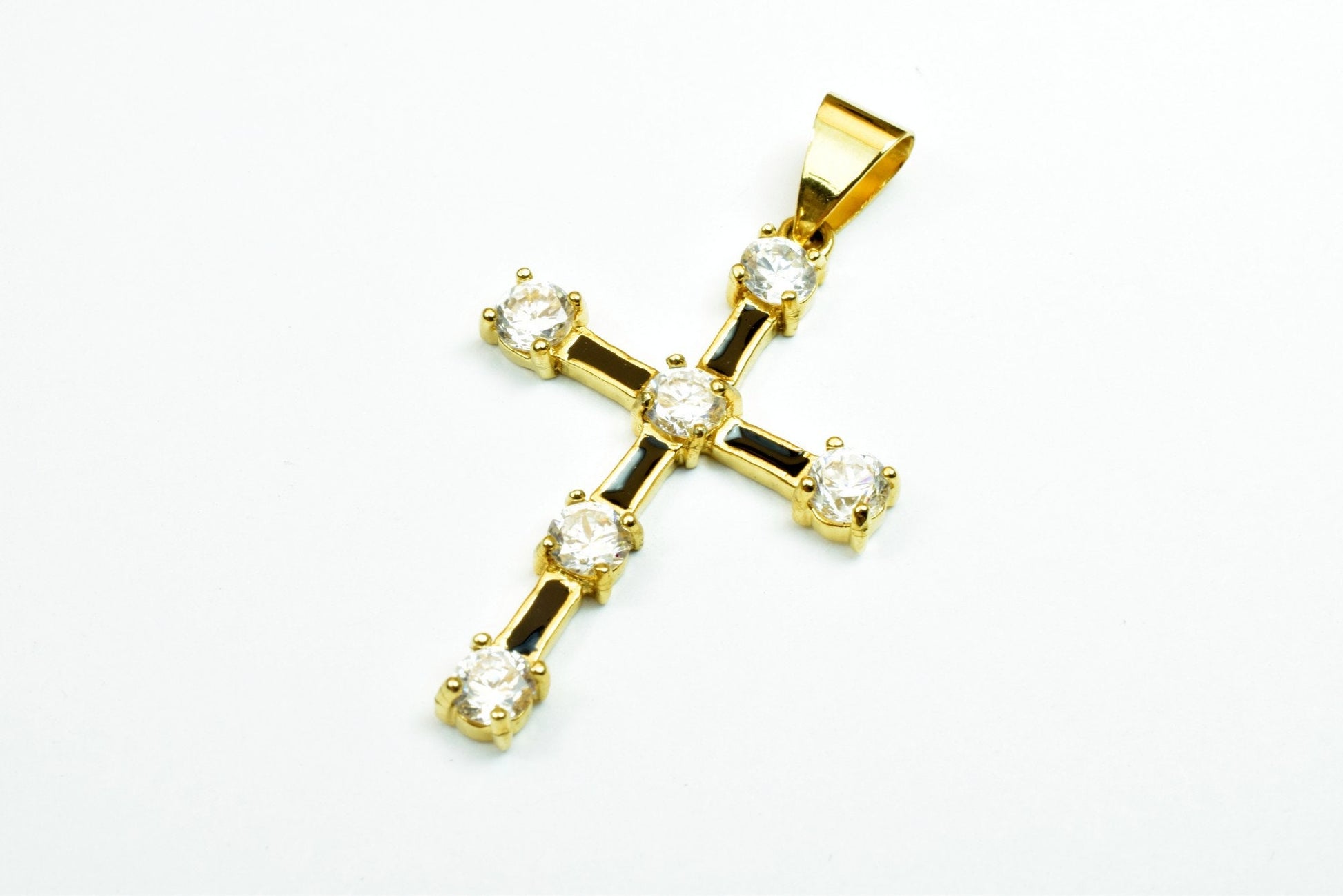 18K as Gold Filled* Black Cross Pendant With Rhinestone CZ Cubic Zirconia Size 42x38mm Christian Religious Charm For Jewelry Making