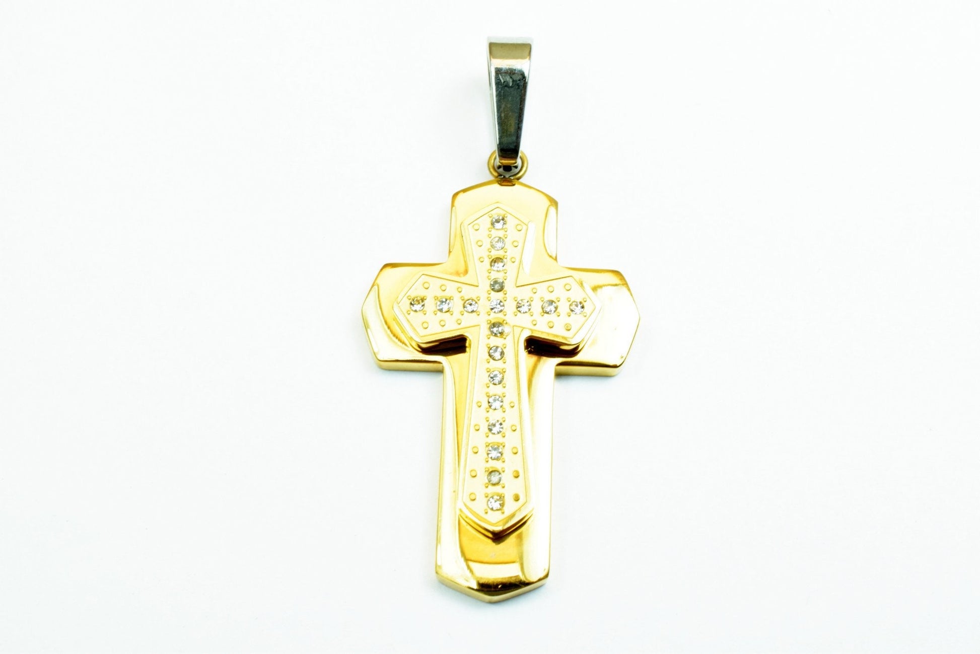 18K Gold Filled Cross Stainless Steel Pendant, CZ Cubic Zirconia Rhinestone Size 43x25mm Christian Religious Rosary or Jewelry Making