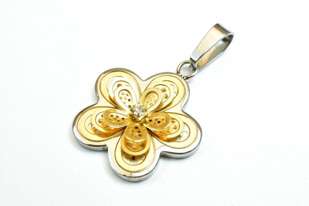 18K Gold Filled Flower Stainless Steel Pendants Size 32x27mm With Rhinestone CZ Cubic Zirconia For Jewelry Making