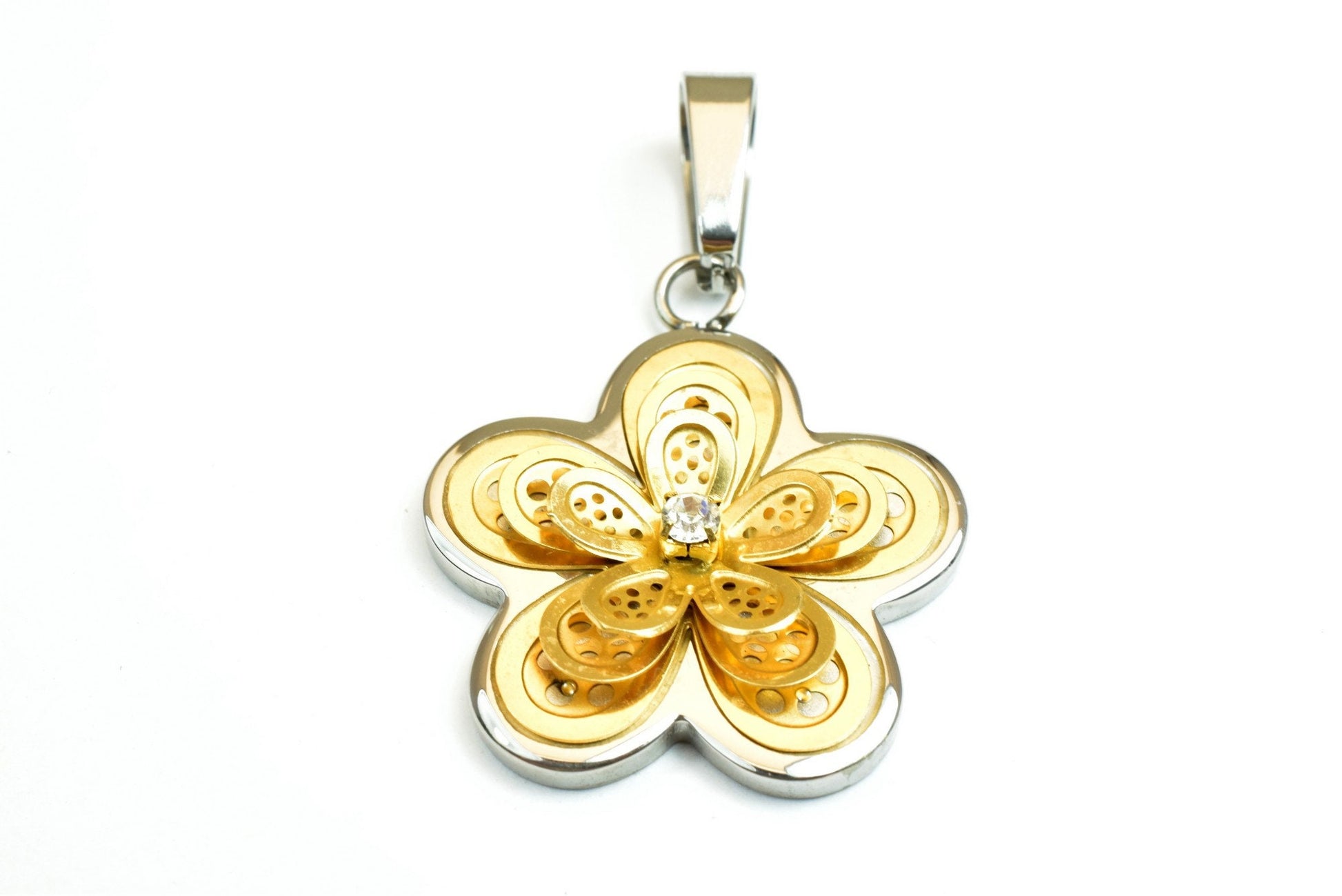 18K Gold Filled Flower Stainless Steel Pendants Size 32x27mm With Rhinestone CZ Cubic Zirconia For Jewelry Making