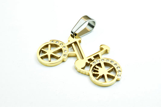 18K Gold Filled Bicycle Stainless Steel Pendants Size 20x37mm With Rhinestone CZ Cubic Zirconia For Jewelry Making