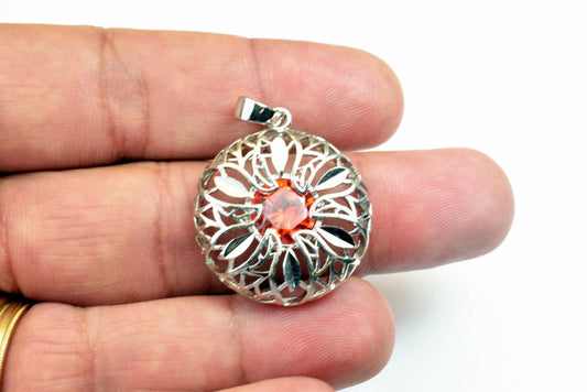 White Gold Filled Circle Openwork Charm Rhodium Pendant Size 28x25mm CZ Cubic Zirconia Rhinestone Crystal Bling Bling Finding Jewelry Making