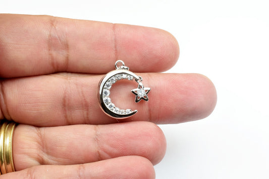 18K White Gold Filled Star Moon Pendant Charm With Cubic Zircon (CZ) Rhinestone Size 20x15mm Bling Bling Bohemian Finding For Jewelry Making