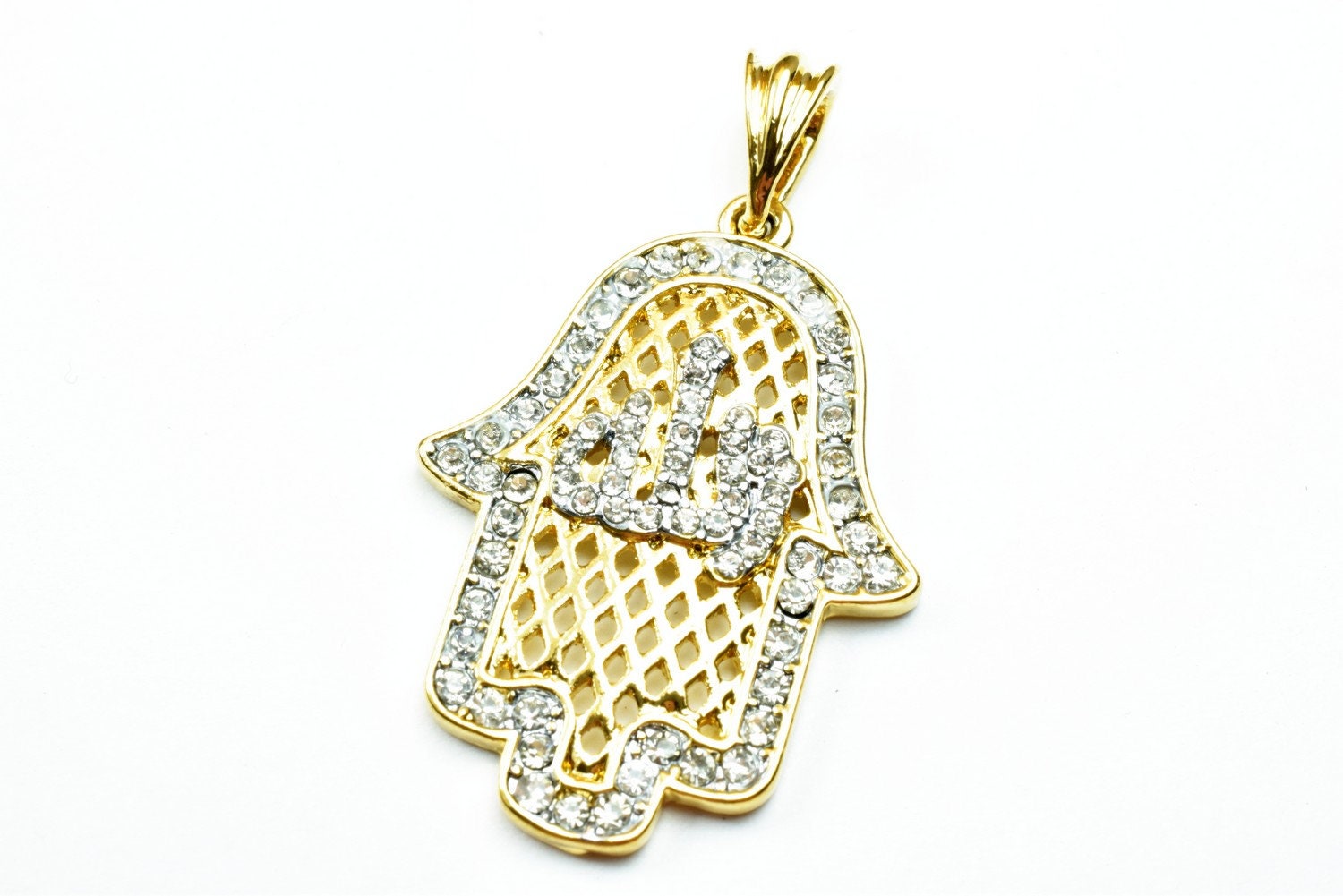 18K Hamsa Allah اللهas Gold Filled* Pendant Size 38x27mm Pendant With Rhinestone CZ Cubic Zirconia Pendant For Jewelry Pendant Item# GP143