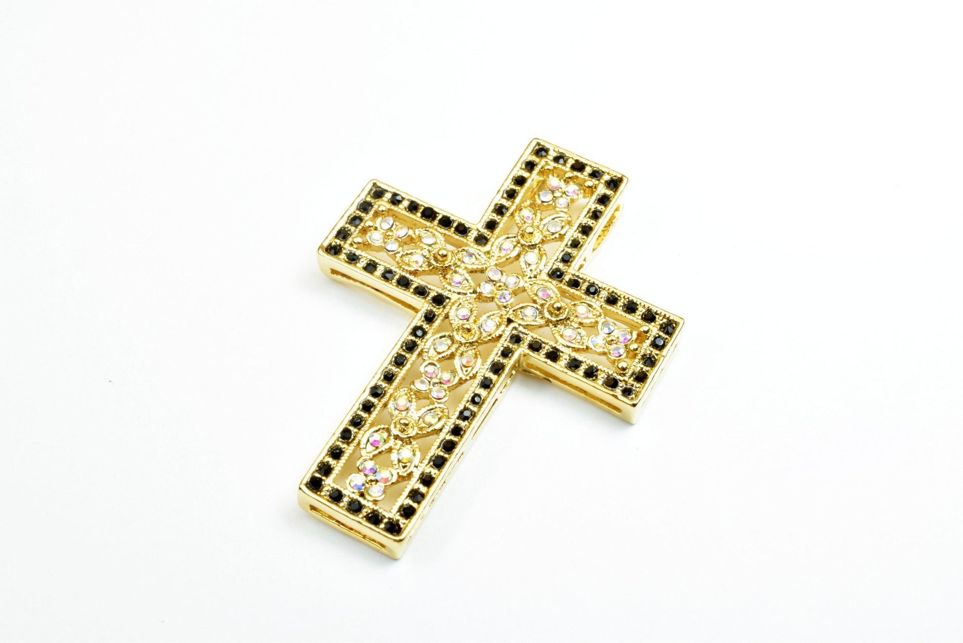 18KT Gold Filled Clear & Black/Rose Colored Cubic Zirconia Beautiful Cross Pendants Size 52x40mm Christian Religious Rosary Jewelry Making