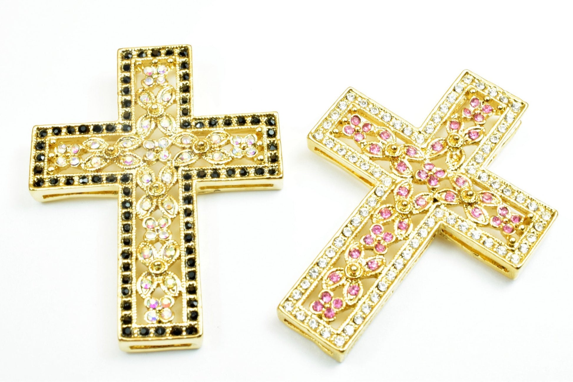 18KT Gold Filled Clear & Black/Rose Colored Cubic Zirconia Beautiful Cross Pendants Size 52x40mm Christian Religious Rosary Jewelry Making