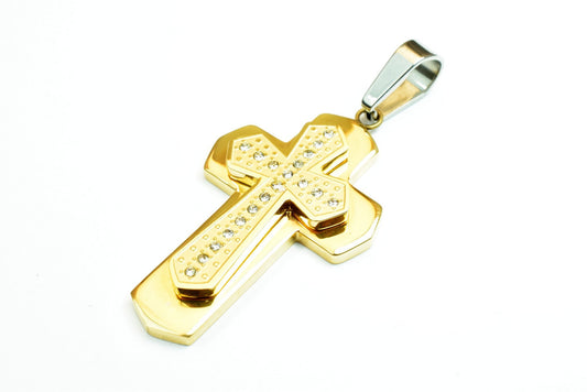 18K Gold Filled Cross Stainless Steel Pendant, CZ Cubic Zirconia Rhinestone Size 43x25mm Christian Religious Rosary or Jewelry Making