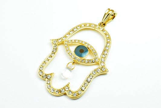 18K as as Gold Filled* tarnish resistant Hamsa Evil Eye Pendant Size 63x45mm With Rhinestone CZ Cubic Zirconia For Jewelry Making