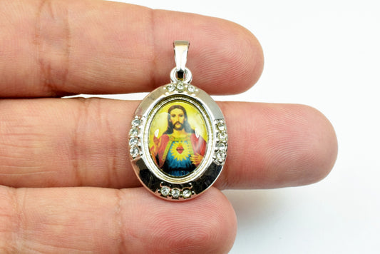 White Gold Filled Jesus Rhodium Pendant With CZ Cubic Zirconia Rhinestone Crystal Charm Size 27x19.5mm Bohamian Findings For Jewelry Making
