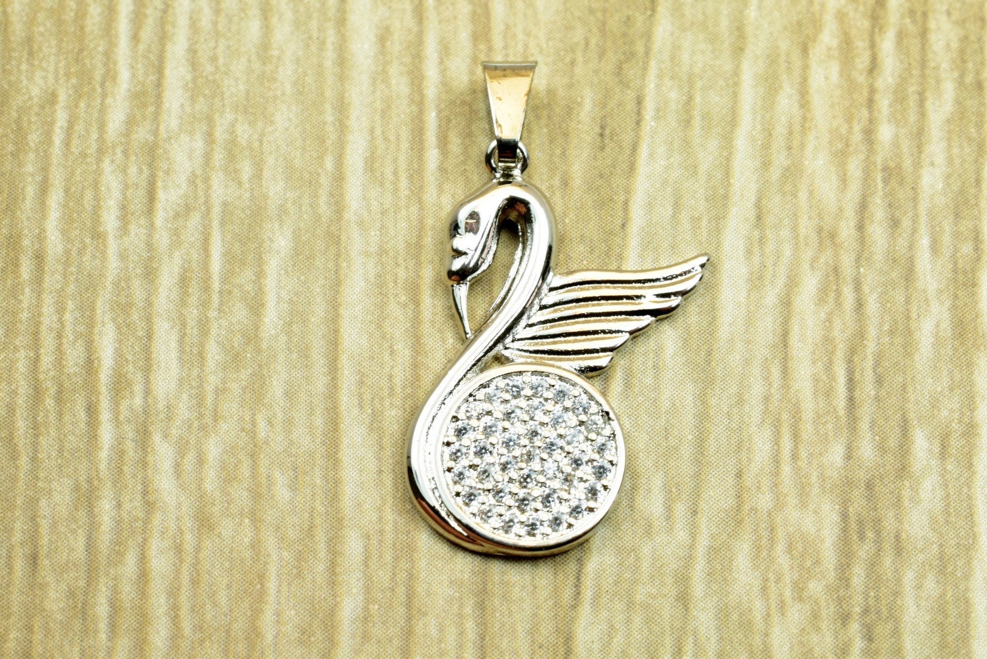 White as Gold Filled* Swan Pendant Rhodium With CZ Cubic Zirconia Crystal Rhinestone Size 24x15mm, Thickness 2mm For Jewelry Making