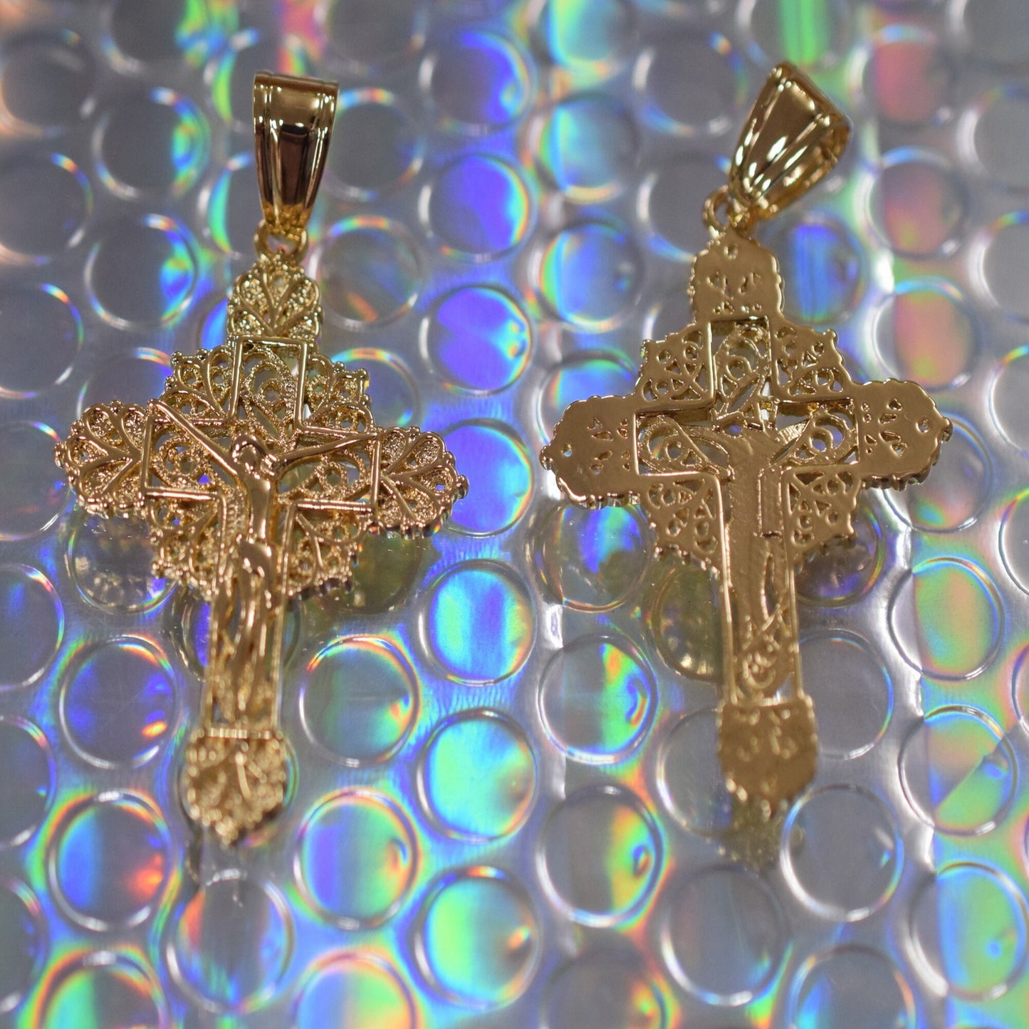 18Kt as Gold Filled* Religious Cross Filigree Pendant With Jesus For Rosary Baby Christening Baptism Gift Jewelry Making GP156