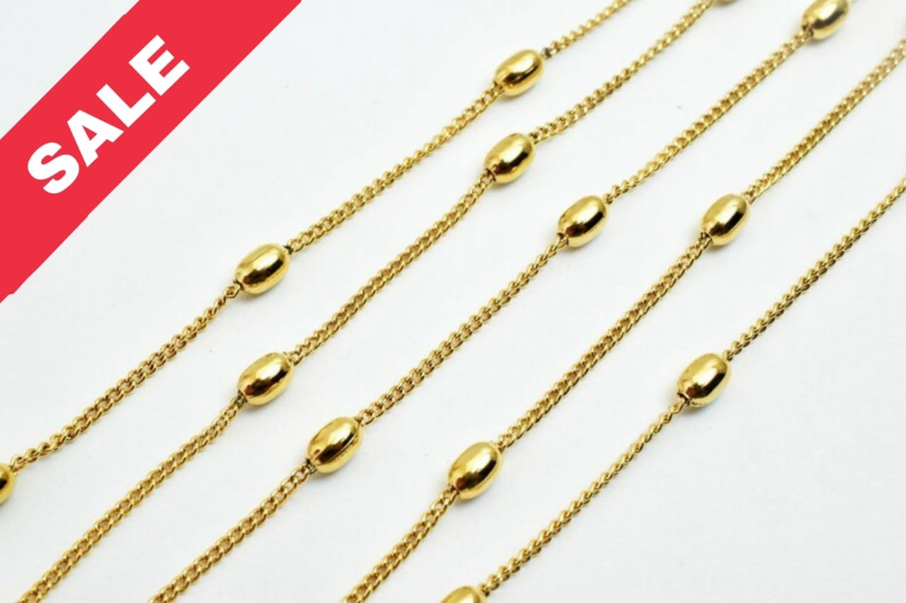 3mm 18K Gold Plated* tarnish resistant Curb Chain Wit Oval Bead Sold by Foot For Jewelry Making GFC071