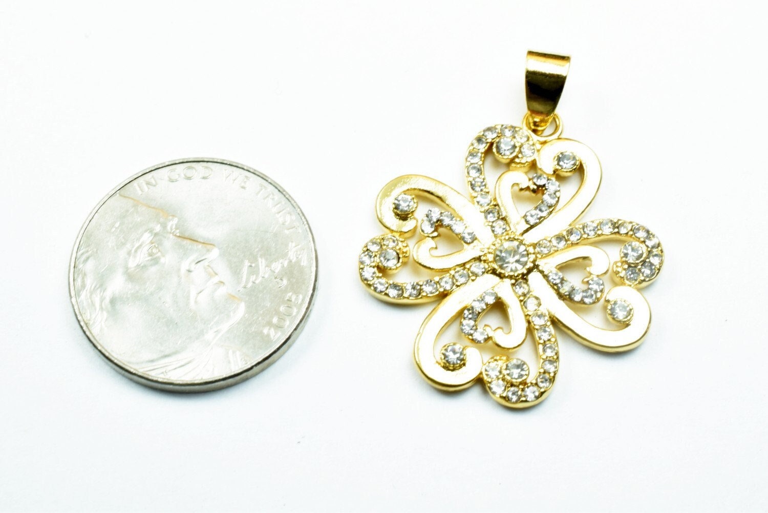 18k as gold filled* cross leaf clover flower pendant charms with rhinestone clear cubic zirconia size 28x25mm for jewelry making gp144