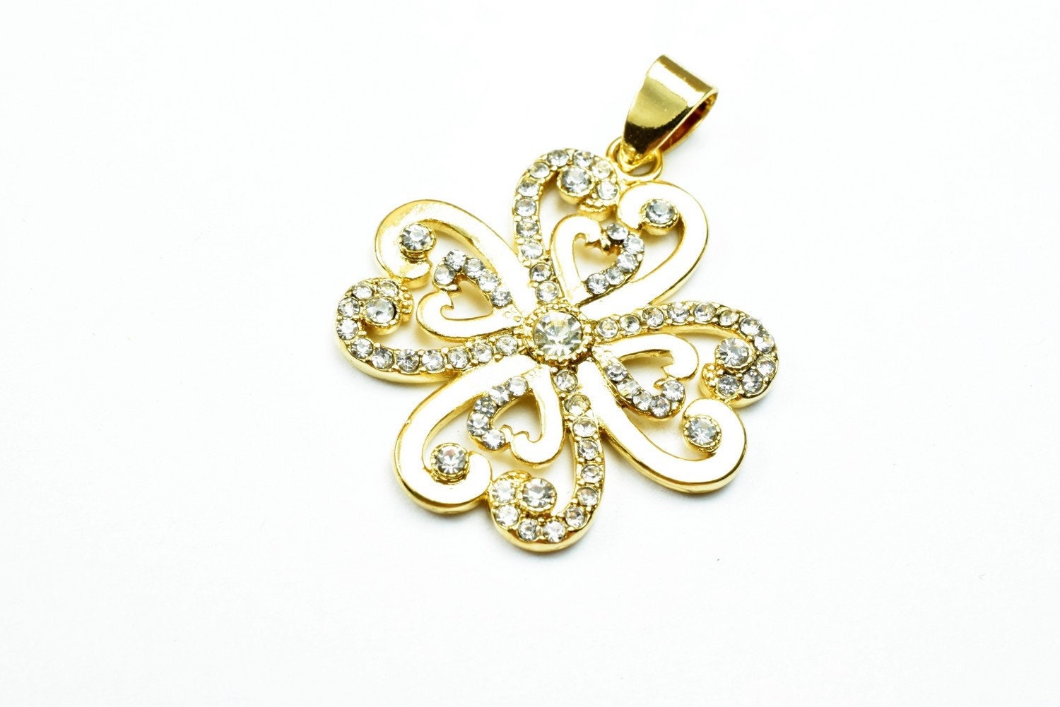 18k as gold filled* cross leaf clover flower pendant charms with rhinestone clear cubic zirconia size 28x25mm for jewelry making gp144