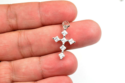 White gold filled cross pendant clear cz cubic zircon rhinestone rhodium plated charm size 22x15mm thickness 3mm findings for jewelry making
