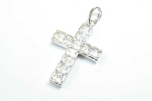 White gold filled cross pendant with cubic zircon (cz) rhinestone rhodium plated charm size 26x17mm, thickness 2.5mm for jewelry making rp76