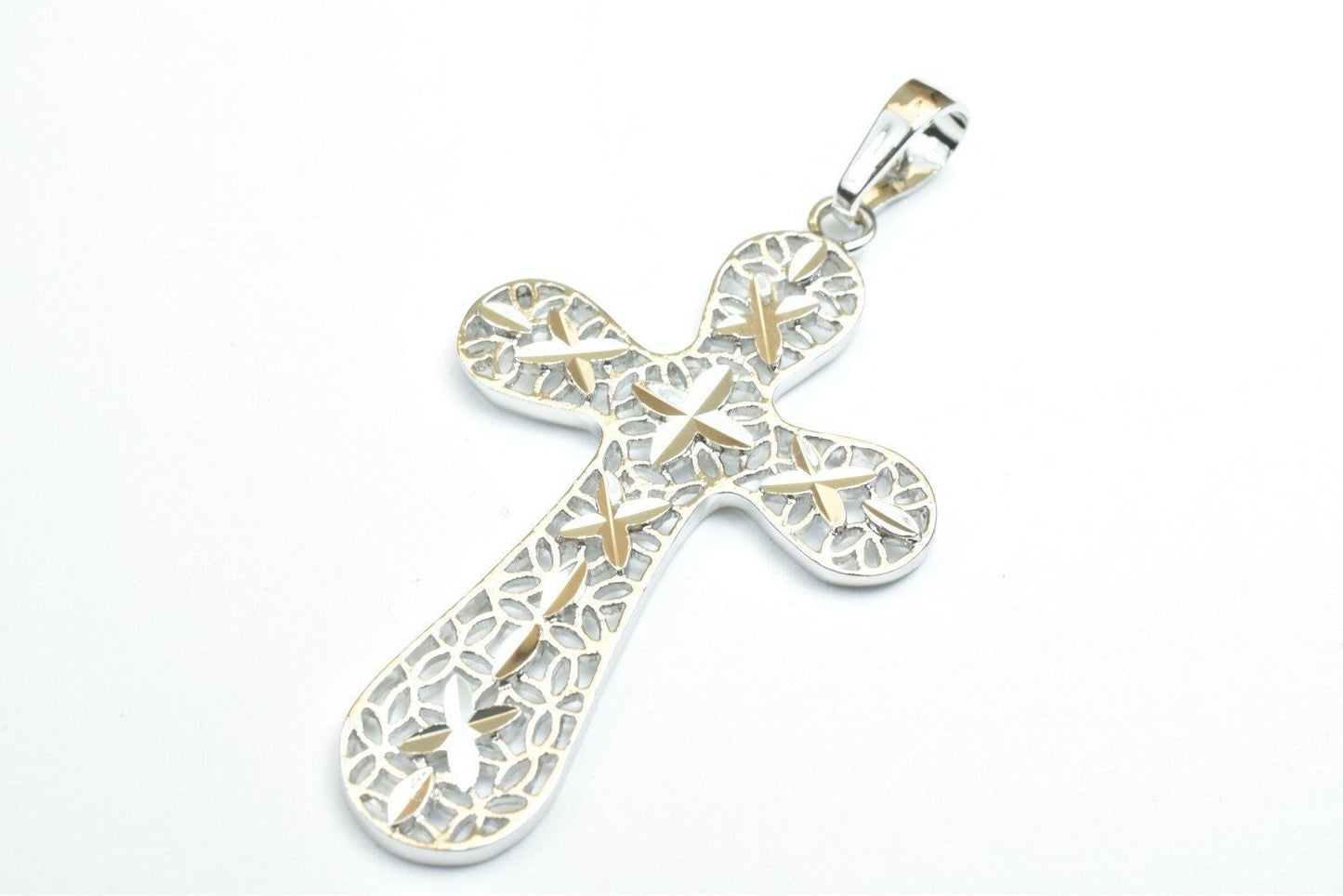 White as as gold filled* tarnish resistant cross pendant filigree rhodium plated charm size 43x26.5mm, thickness 2mm for jewelry making rp67