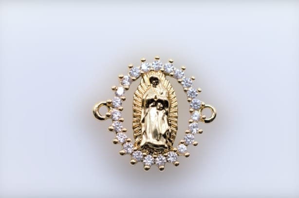 Virgen de Guadalupe-Virgin Guadalupe Connector 18K Gold Plated Size 17x16mm Micro Pave Beads Charm with Clear CZ Cubic Zirconia
