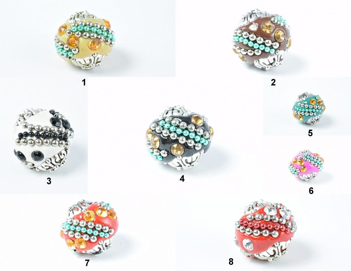 Indonesian kashmir clay beads handmade beads 4 pcs, bohemian bali style jewelry making decorative round beads