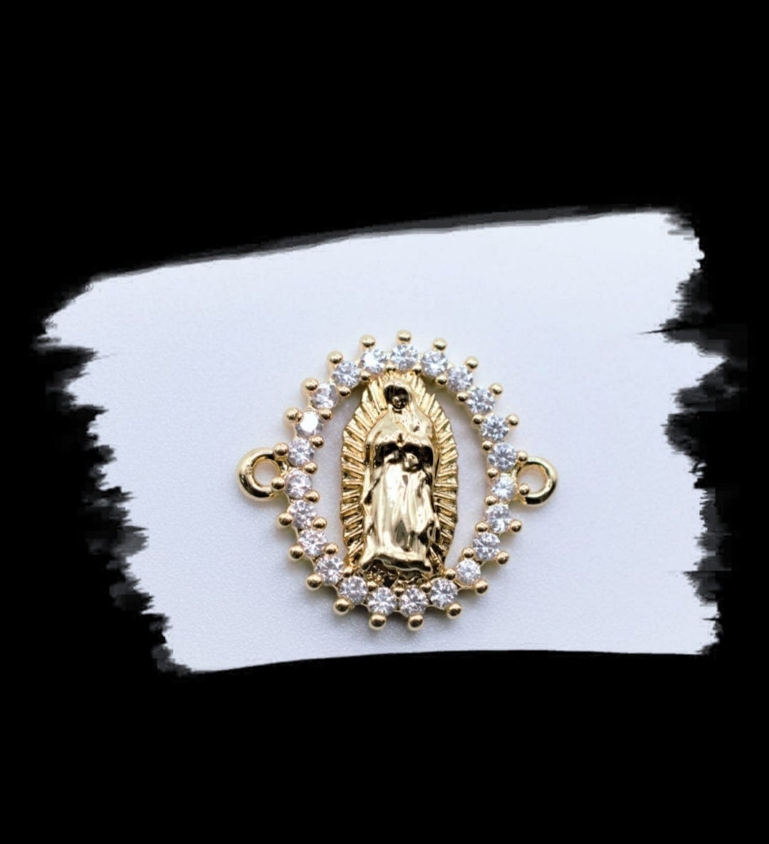Virgen de Guadalupe-Virgin Guadalupe Connector 18K Gold Plated Size 17x16mm Micro Pave Beads Charm with Clear CZ Cubic Zirconia
