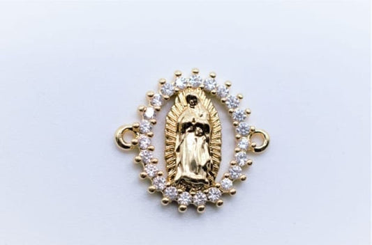 Virgen de Guadalupe-Virgin Guadalupe Connector 18K Gold Plated Size 17x16mm Micro Pave Beads Charm with Clear CZ Cubic Zirconia