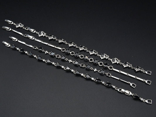 Women Silver Bracelet Rhodium Plated Chain With Black Cubic Zirconia bohemian Bling Bling Jewelry Making tarnish resistant