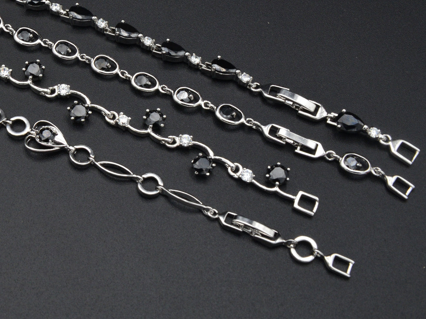 Women Silver Bracelet Rhodium Plated Chain With Black Cubic Zirconia bohemian Bling for Jewelry Making tarnish resistant
