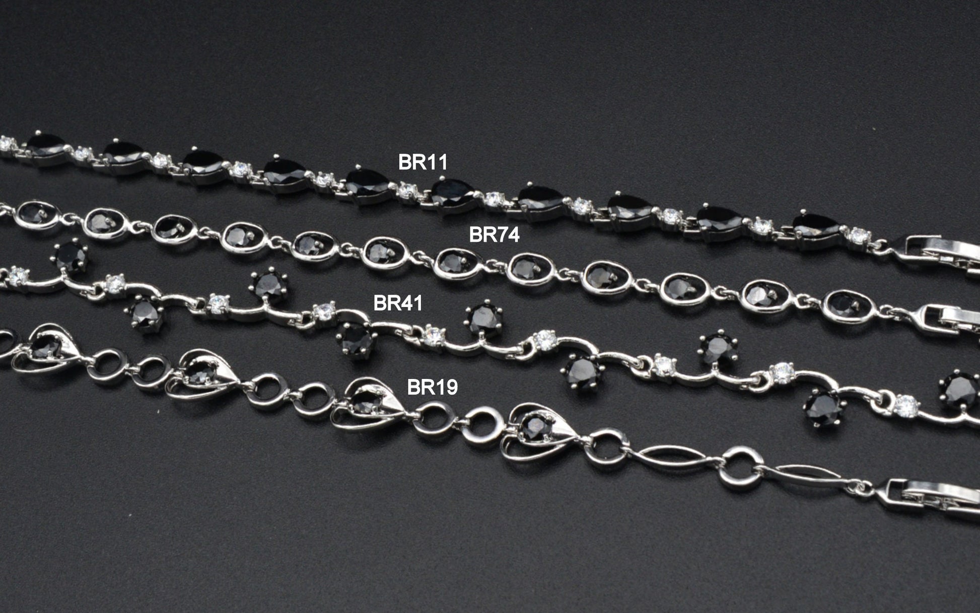 Women Silver Bracelet Rhodium Plated Chain With Black Cubic Zirconia bohemian Bling for Jewelry Making tarnish resistant