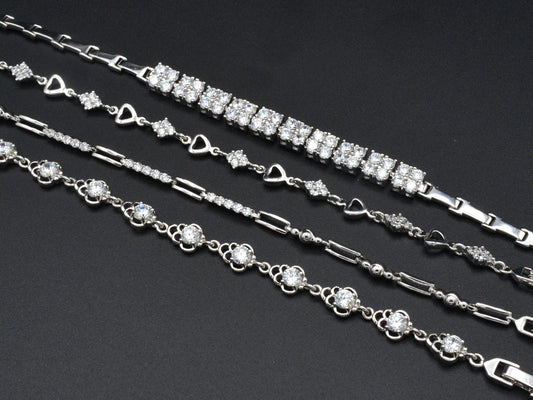 Women Silver Bracelet Rhodium Plated Chain With Clear Cubic Zirconia bohemian Bling for Jewelry Making tarnish resistant