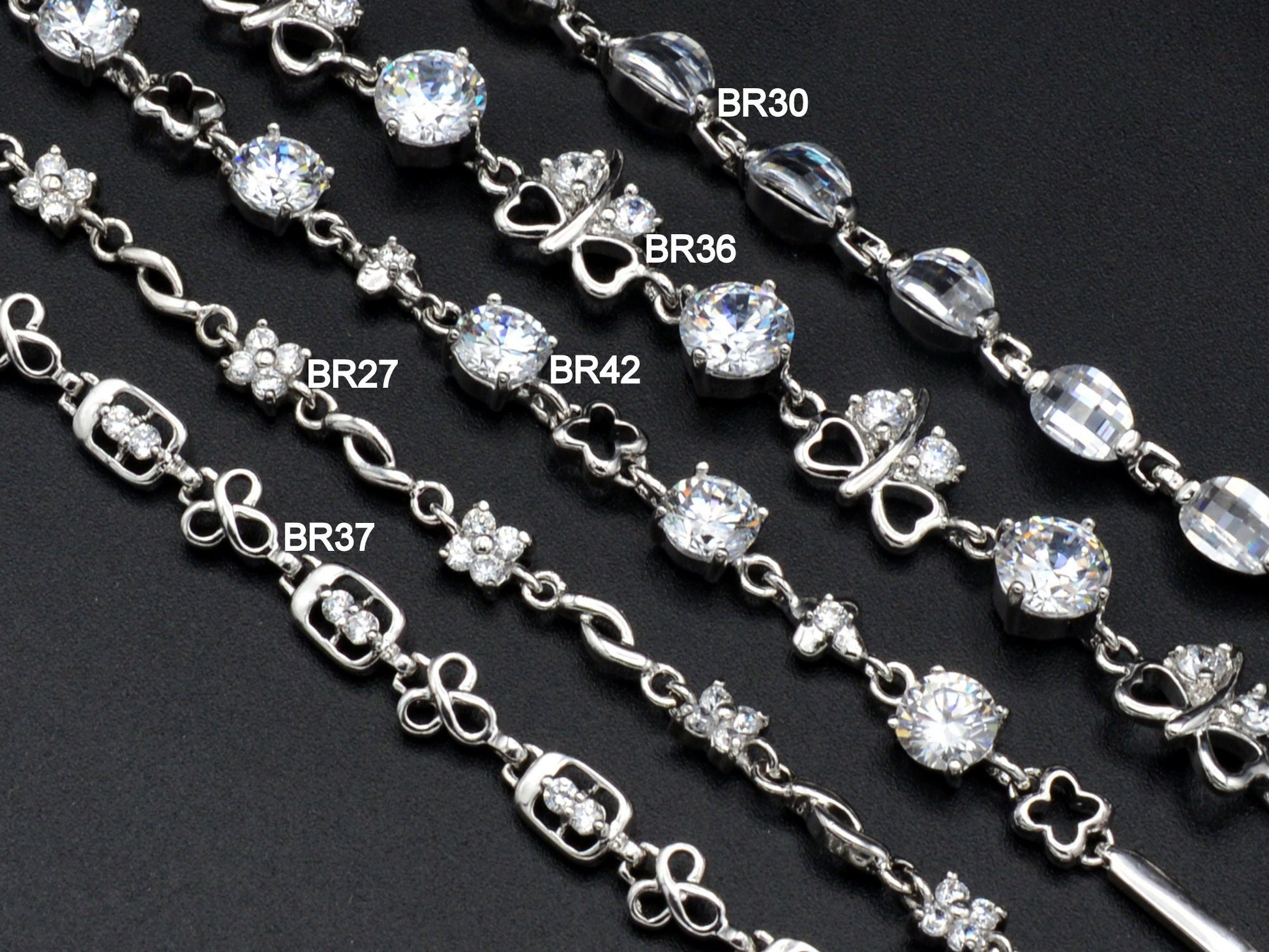 Women Silver Bracelet Rhodium Plated Link Chain With Clear Cubic Zirconia Flower,Faceted, leaf design for Jewelry Making tarnish resistant