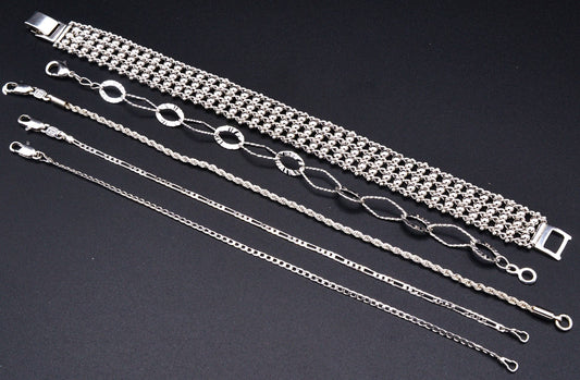 Women Silver Bracelet Rhodium Plated Link Diamond cut, Cuban , Figaro , Rope Plain Chain for Jewelry Making tarnish resistant