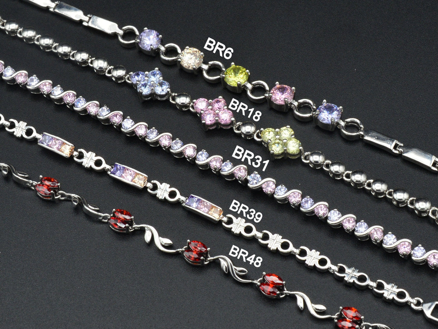 Women Silver Bracelet Rhodium Plated Link Chain Multi color Cubic Zirconia Flower, leaf design for Jewelry Making tarnish resistant