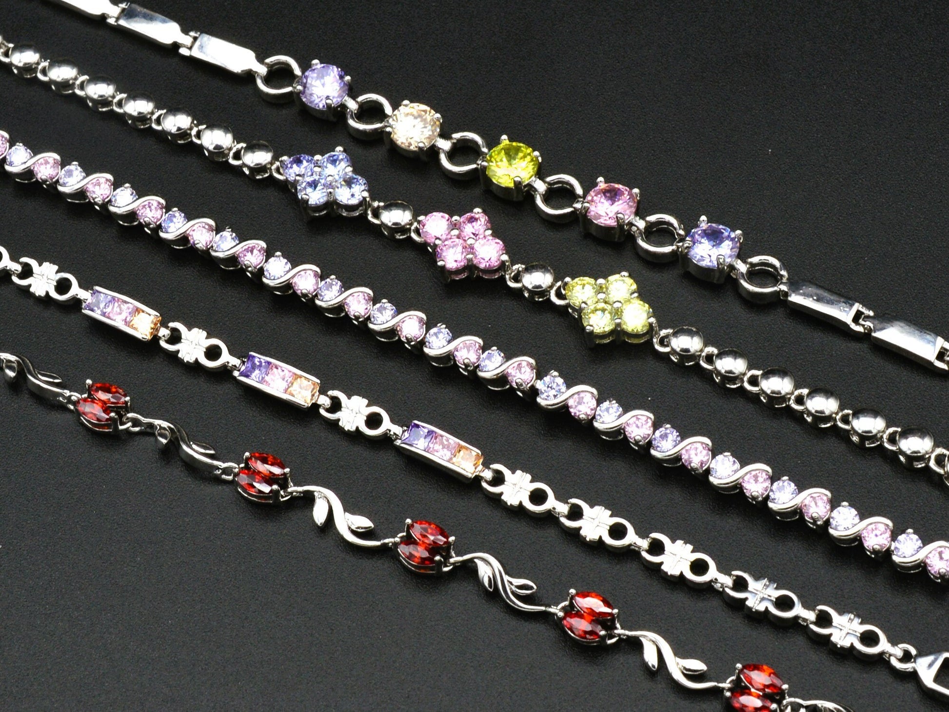 Women Silver Bracelet Rhodium Plated Link Chain Multi color Cubic Zirconia Flower, leaf design for Jewelry Making tarnish resistant