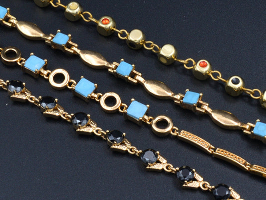 Women's Gold Bracelet Chain With Black Cubic Zirconia bohemian / Turquoise Bling for Jewelry Making tarnish resistant