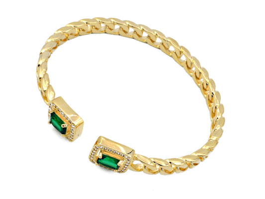 Adjustable Green Zirconia Bangel Cuban chain Bracelet Curb Gold Filled EP style Gift for her