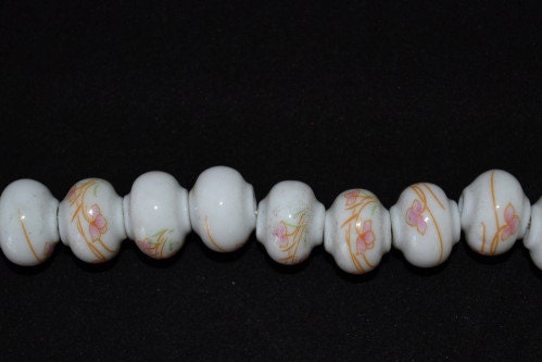 12x15mm Beautiful Painted Porcelain Japanese Floral Beads 1 strand of 17, 2mm hole opening 53grams/pk