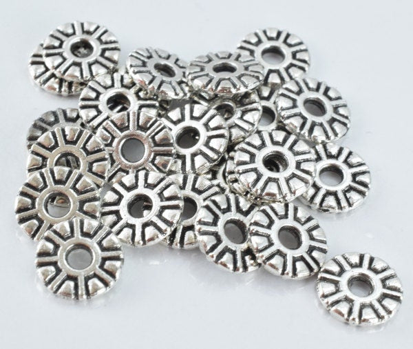 10m Antique Silver Spacer Findings Charm Pendant Elaborate Engraved Design Alloy Metal Beads, 25pcs/PK 2mm bead thickness, 2mm hole