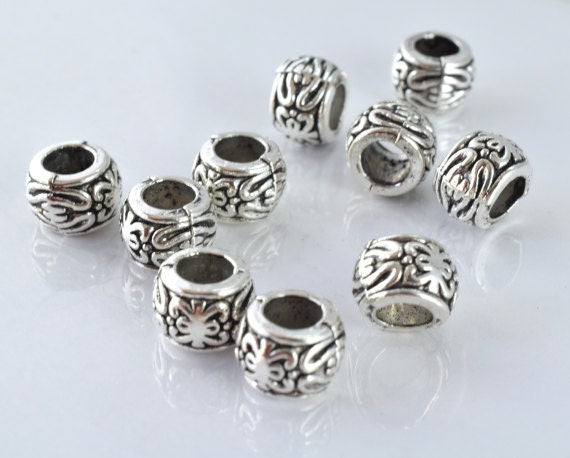8mm Textured Decorative Antique Silver Beads w/Black Accent Detailed Design 10pcs/PK 3mm hole 2mm thickness