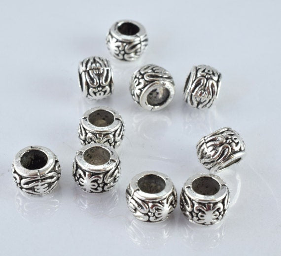 8mm Textured Decorative Antique Silver Beads w/Black Accent Detailed Design 10pcs/PK 3mm hole 2mm thickness