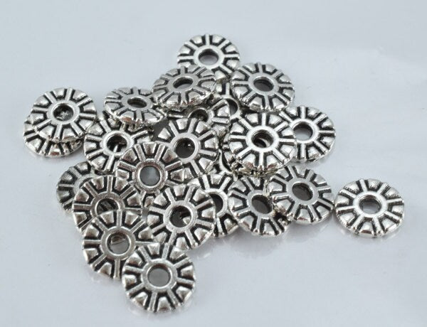 10m Antique Silver Spacer Findings Charm Pendant Elaborate Engraved Design Alloy Metal Beads, 25pcs/PK 2mm bead thickness, 2mm hole