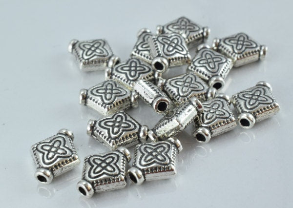 10x8mm Diamond Shaped Floral Native Antique Silver Alloy Beads w/Black Accent Coloring 25pcs/PK 1mm hole 4mm thickness
