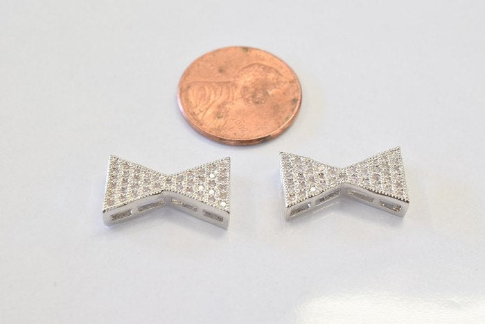 Bow Tie 17x10mm 18k Gold Filled EP or Rhodium Micro Pave Beads Connector with Clear CZ Cubic Zirconia thickness 2mm, Findings