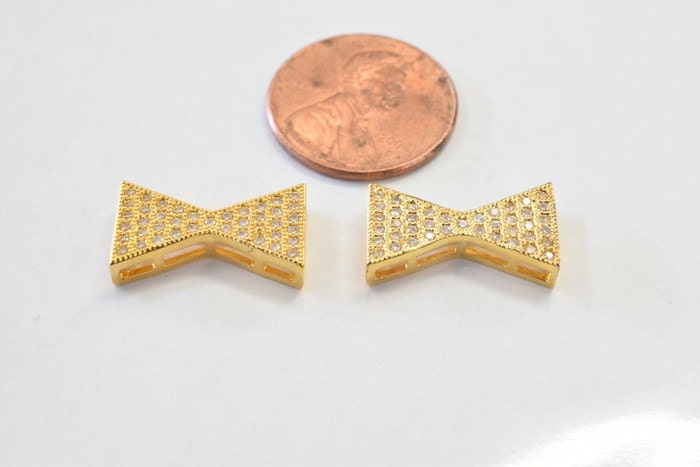 Bow Tie 17x10mm 18k Gold Filled EP or Rhodium Micro Pave Beads Connector with Clear CZ Cubic Zirconia thickness 2mm, Findings